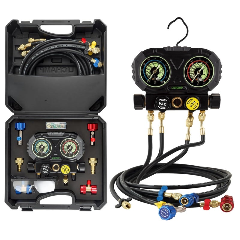 Lichamp HVAC Gauges with 5 FT Hoses, AC Manifold Gauge Set R134A R1234 R410A and R32 Refrigerant Gauges - Image 1